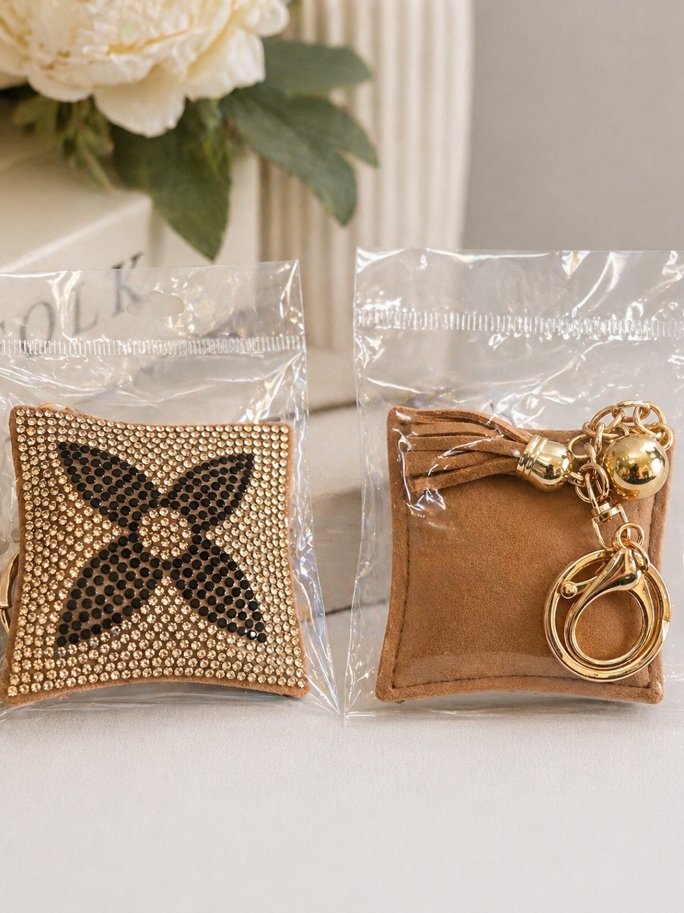 Rhinestone Gold Tone Pillow Bag Charm Keychain